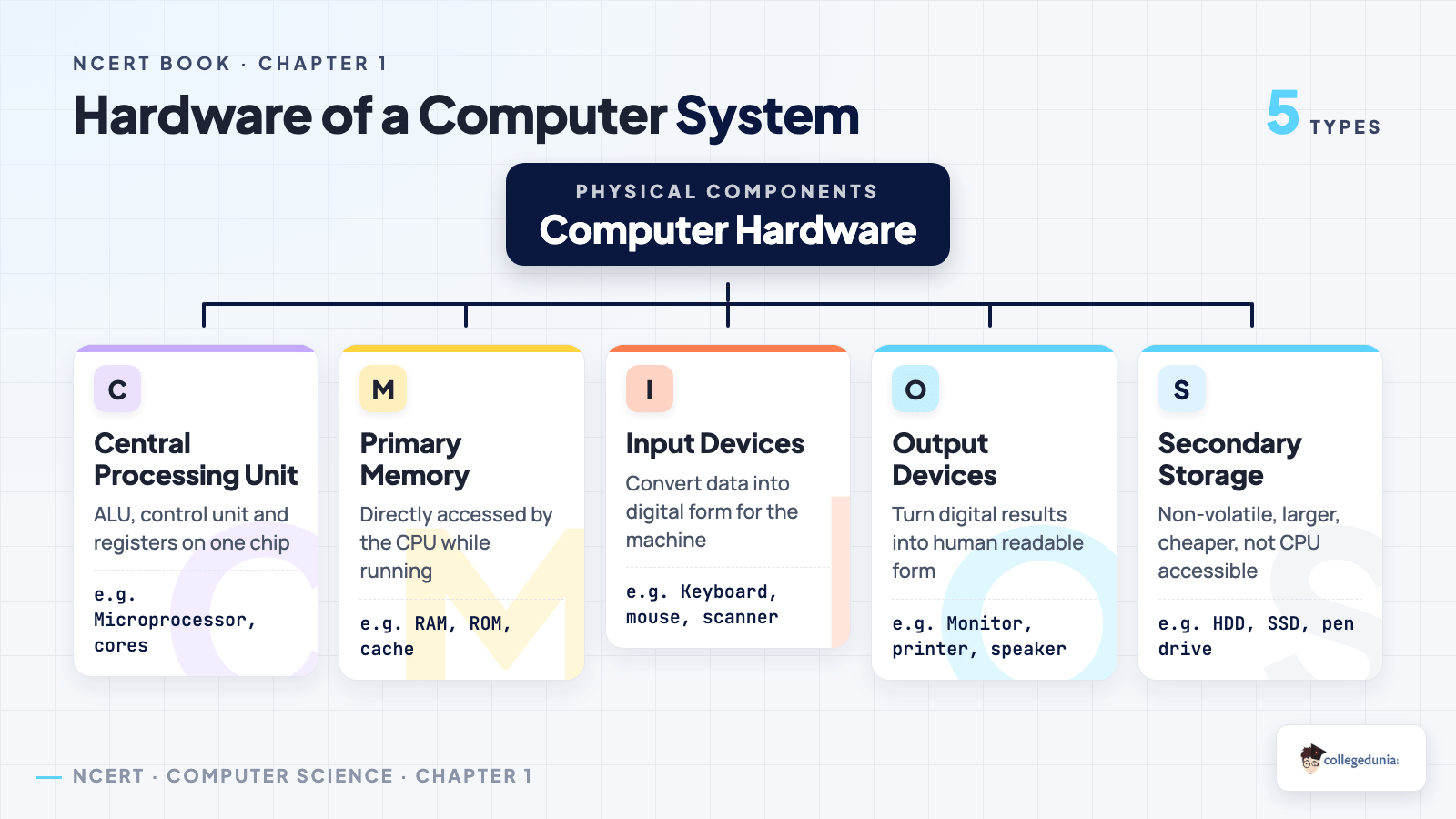 Classification of computer hardware in Class 11 Computer Science Chapter 1 into CPU, primary memory, input devices, output devices and secondary storage