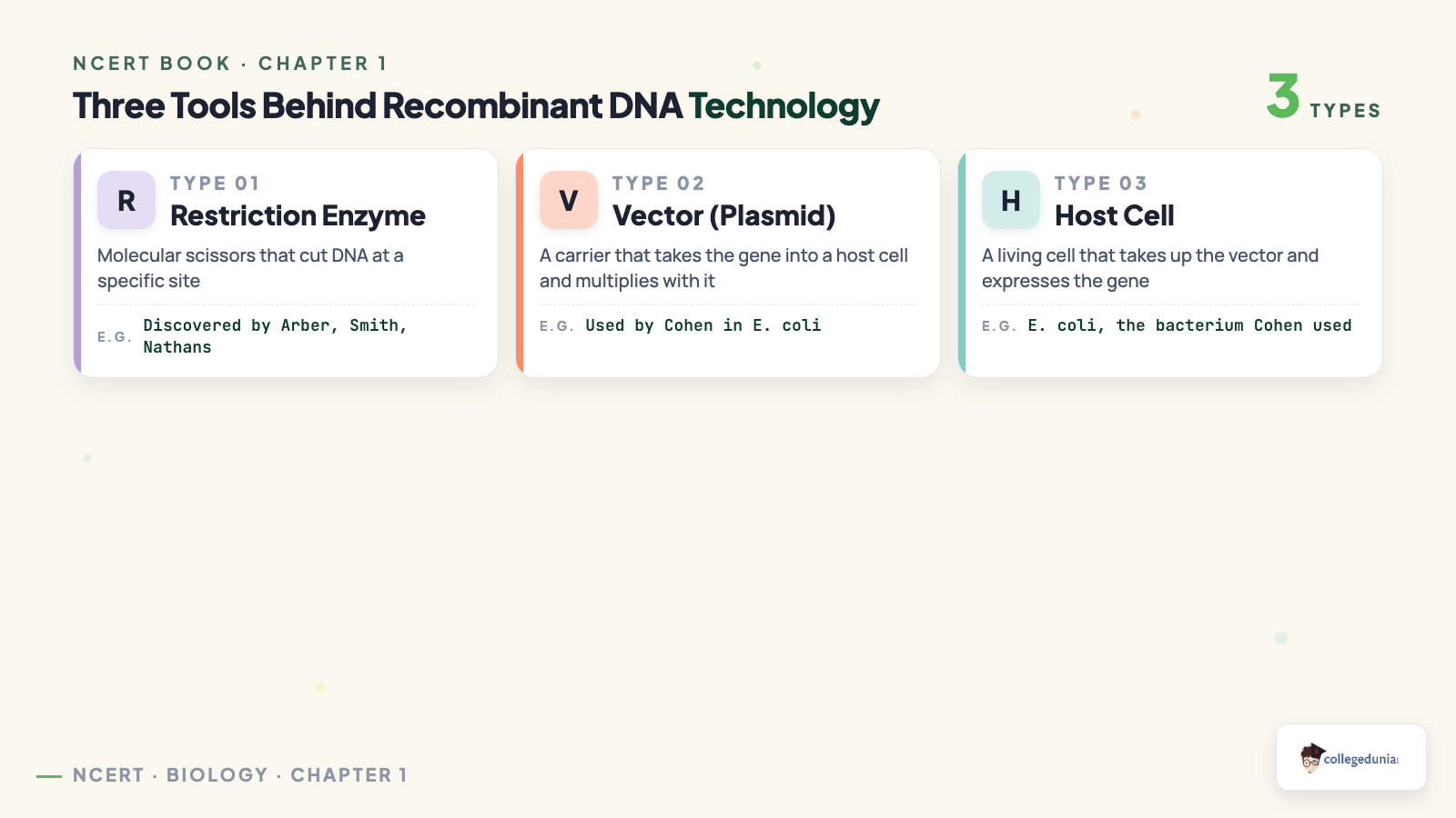 Three tools behind recombinant DNA technology: restriction enzyme, plasmid vector and E. coli host cell, as introduced in Class 12 Biotechnology chapter 1