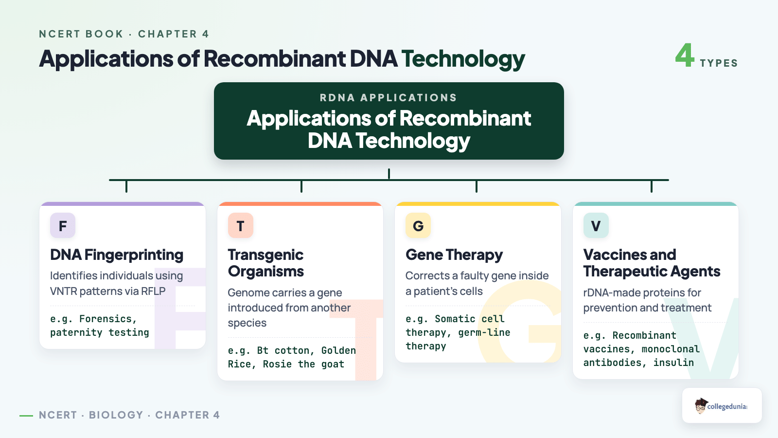 Classification of the four applications of recombinant DNA technology in Class 12 Biotechnology, DNA fingerprinting, transgenic organisms, gene therapy and vaccines and therapeutic agents