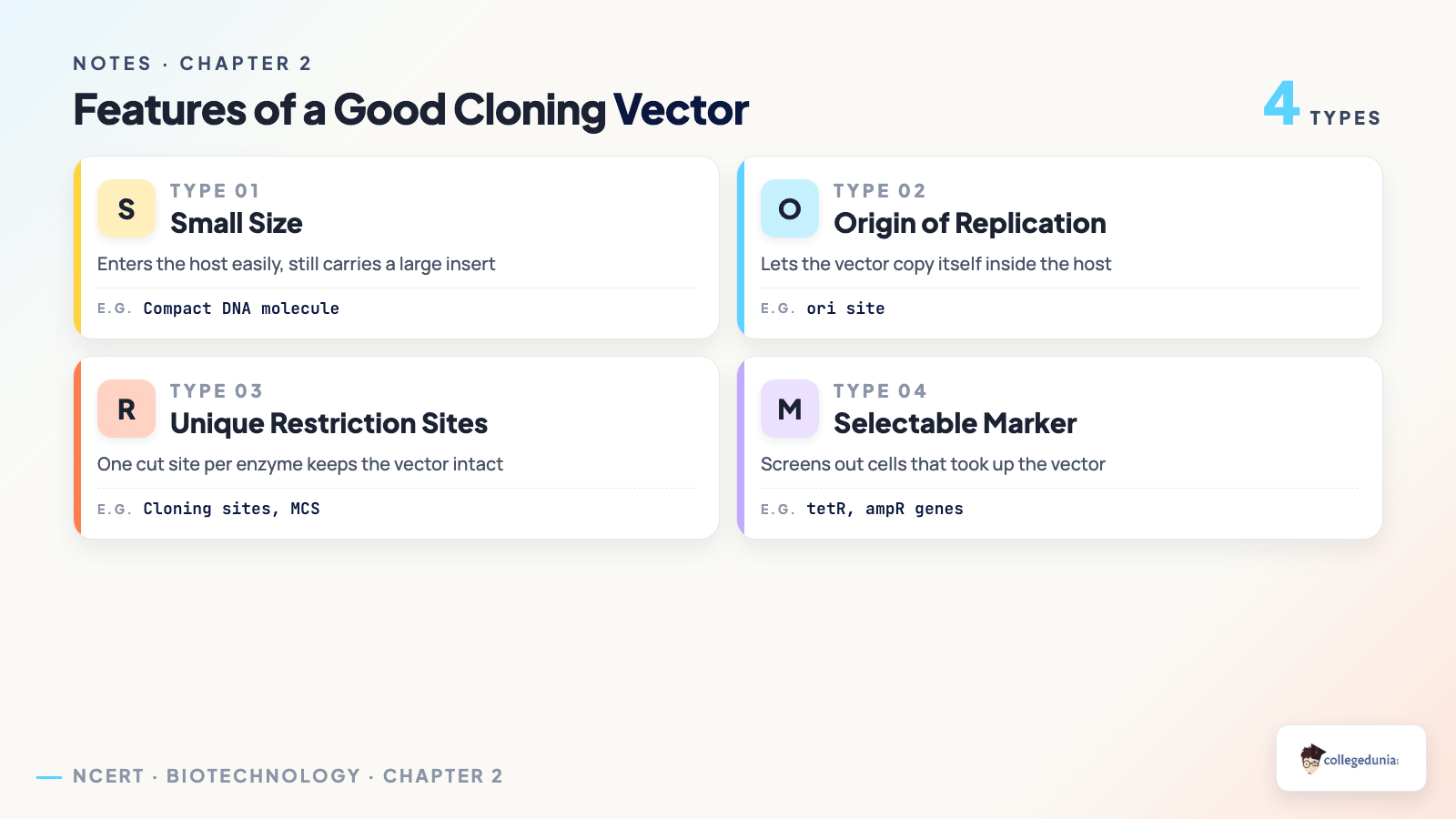 Four features every good cloning vector needs: small size, origin of replication, unique restriction sites and a selectable marker, for Class 12 Biotechnology chapter 2 Host-Vector System