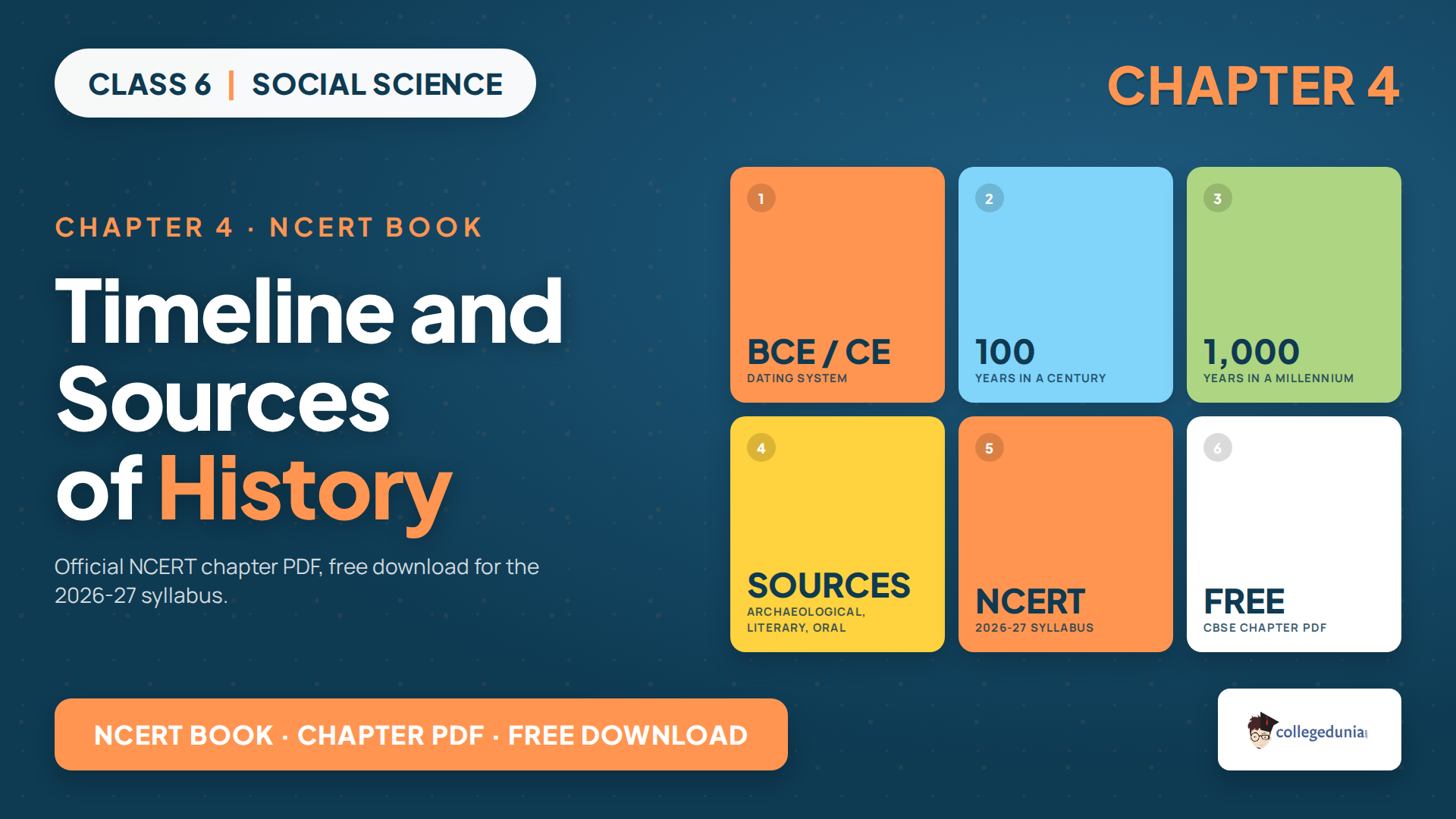 NCERT Class 6 Social Science Chapter 4 Timeline and Sources of History book PDF free download for 2026-27