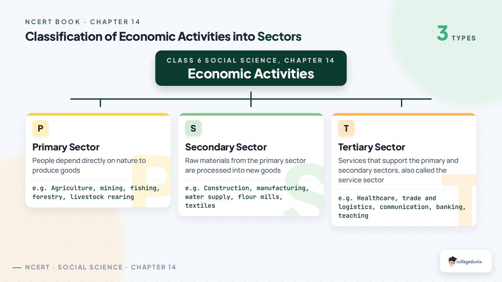Classification of economic activities into primary, secondary and tertiary sectors with examples from Class 6 Social Science Chapter 14