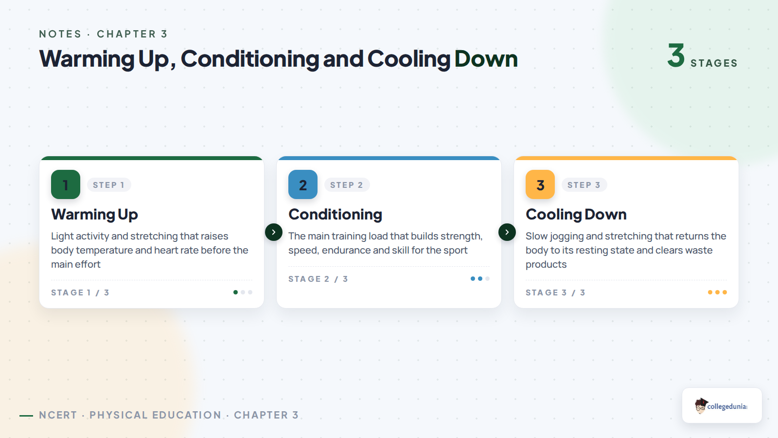 The three stages of a training session in Class 11 Physical Education Chapter 3: warming up, conditioning and cooling down