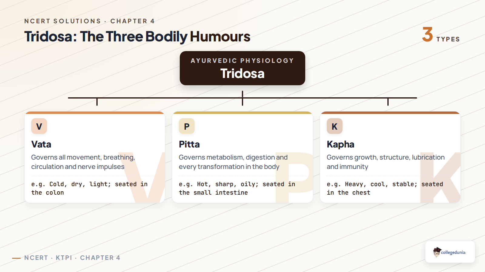 Tridosa theory showing Vata as movement, Pitta as metabolism and Kapha as growth and structure