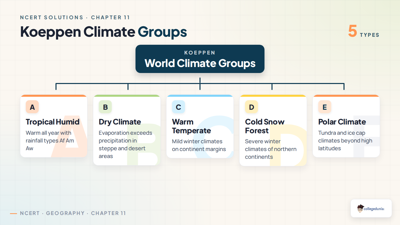 Koeppen climate groups for Class 11 Geography Chapter 11 showing tropical dry warm temperate cold snow forest and polar climates
