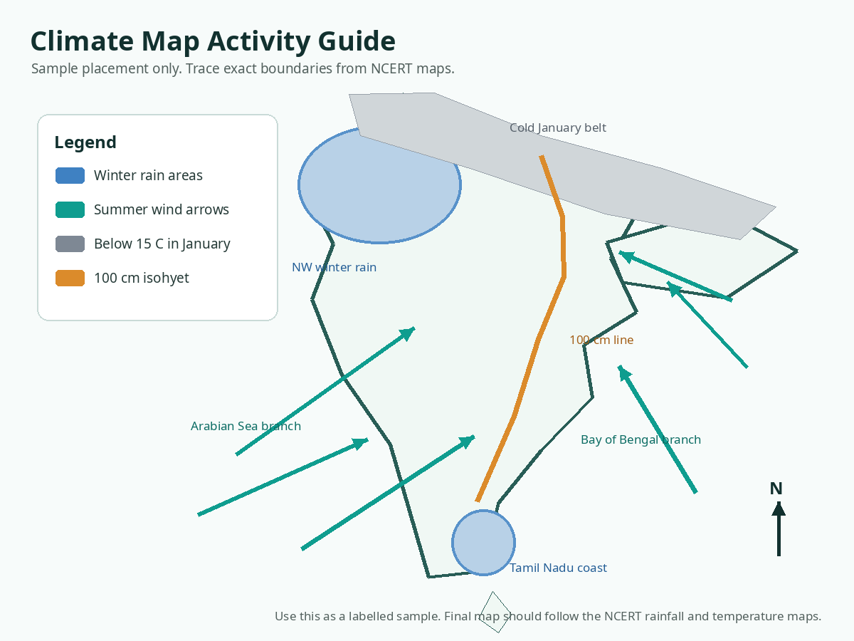 Climate map activity guide with winter rain, monsoon winds, cold belt and 100 cm isohyet