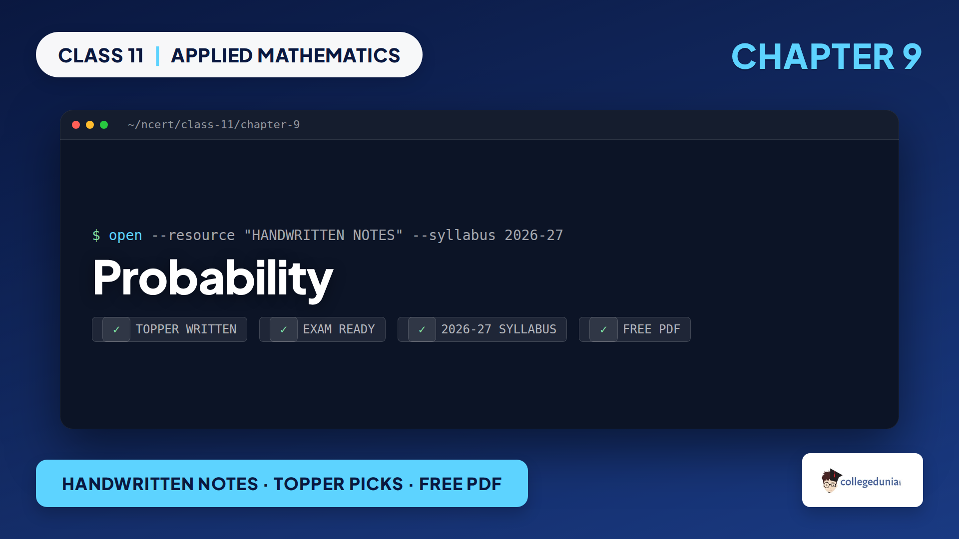 Class 11 Applied Mathematics Chapter 9 Probability handwritten notes featured image
