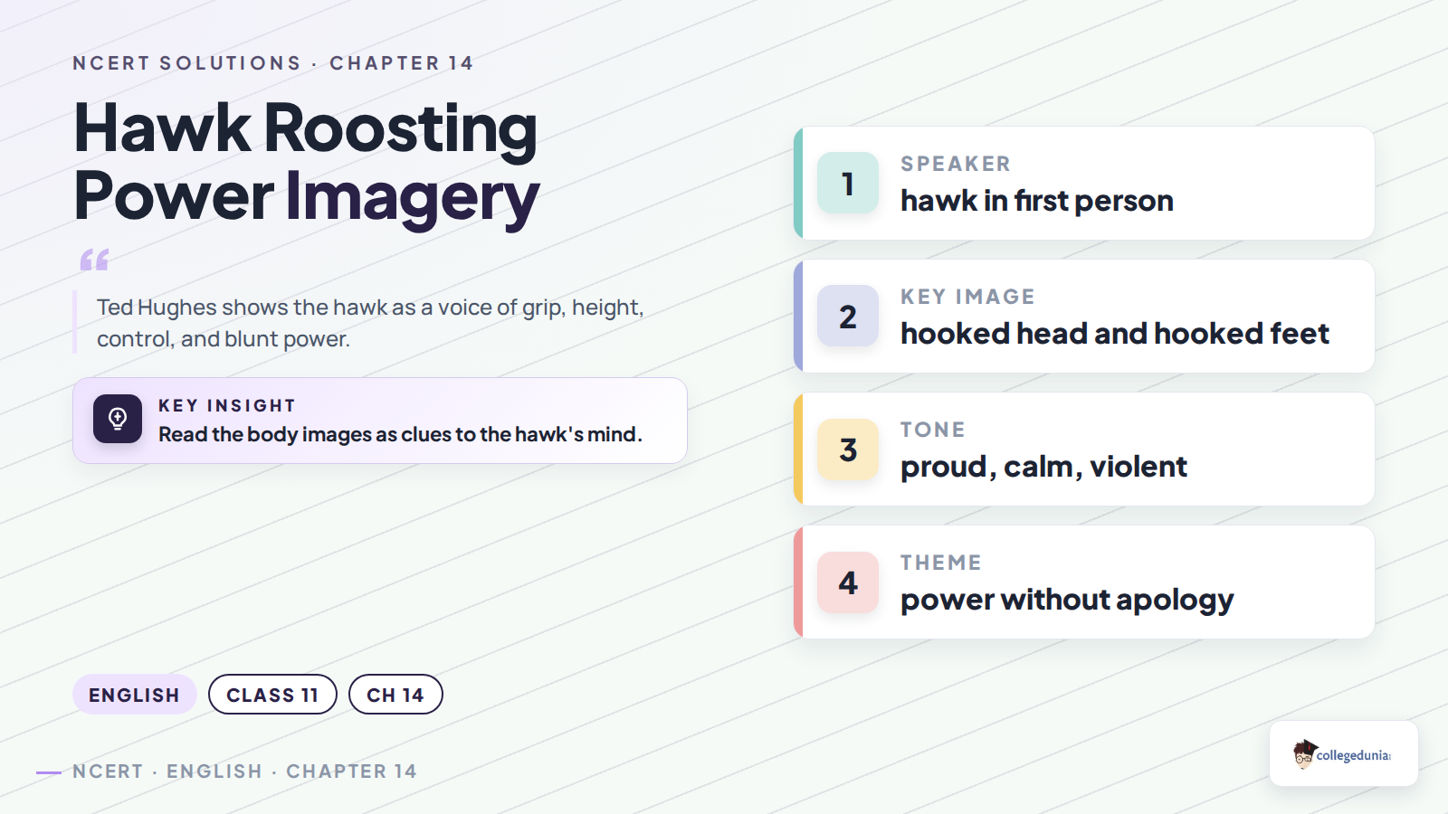 Hawk Roosting power imagery concept card for Class 11 English