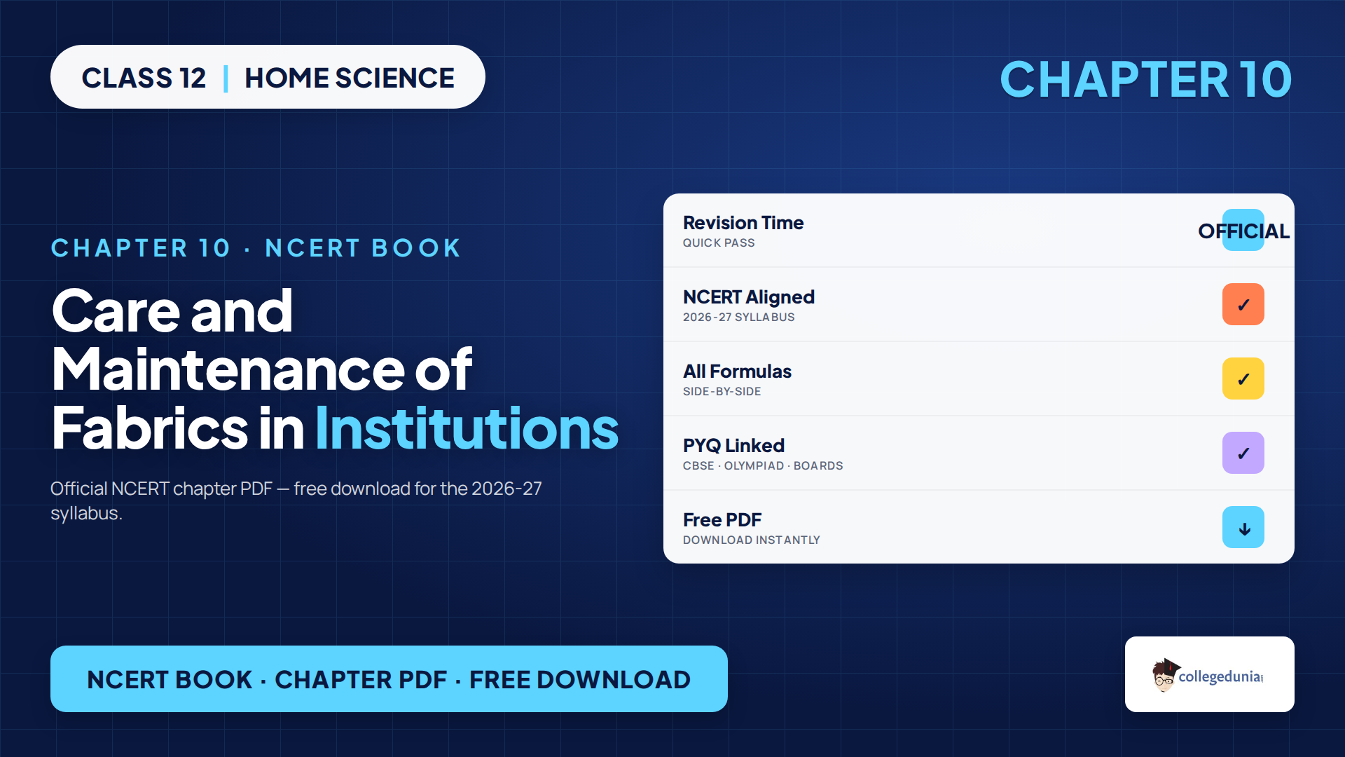 NCERT Class 12 Home Science Chapter 10 Care and Maintenance of Fabrics in Institutions Book PDF