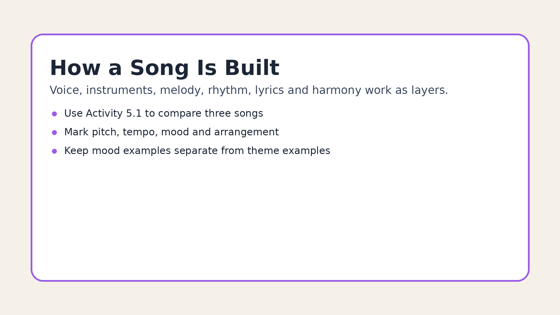 Class 7 Arts Chapter 5 song layers voice instruments melody rhythm lyrics