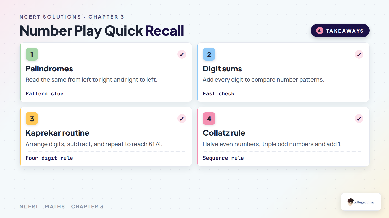 Number Play quick recall for palindromes, digit sums, Kaprekar and Collatz rules