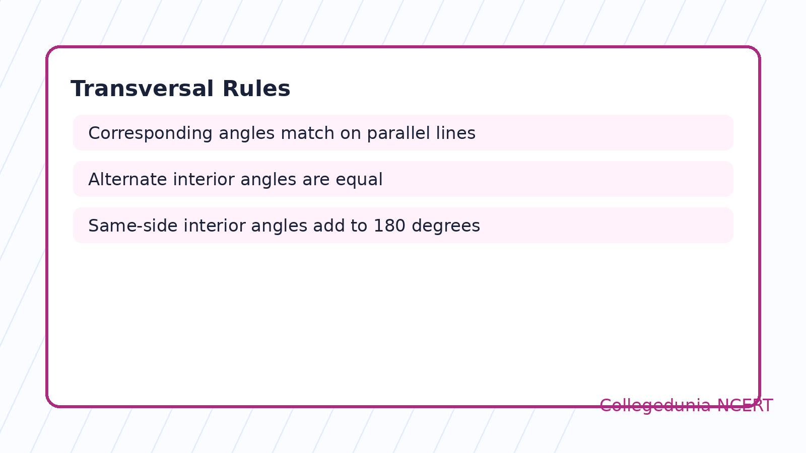 Corresponding alternate and same-side interior angle rules