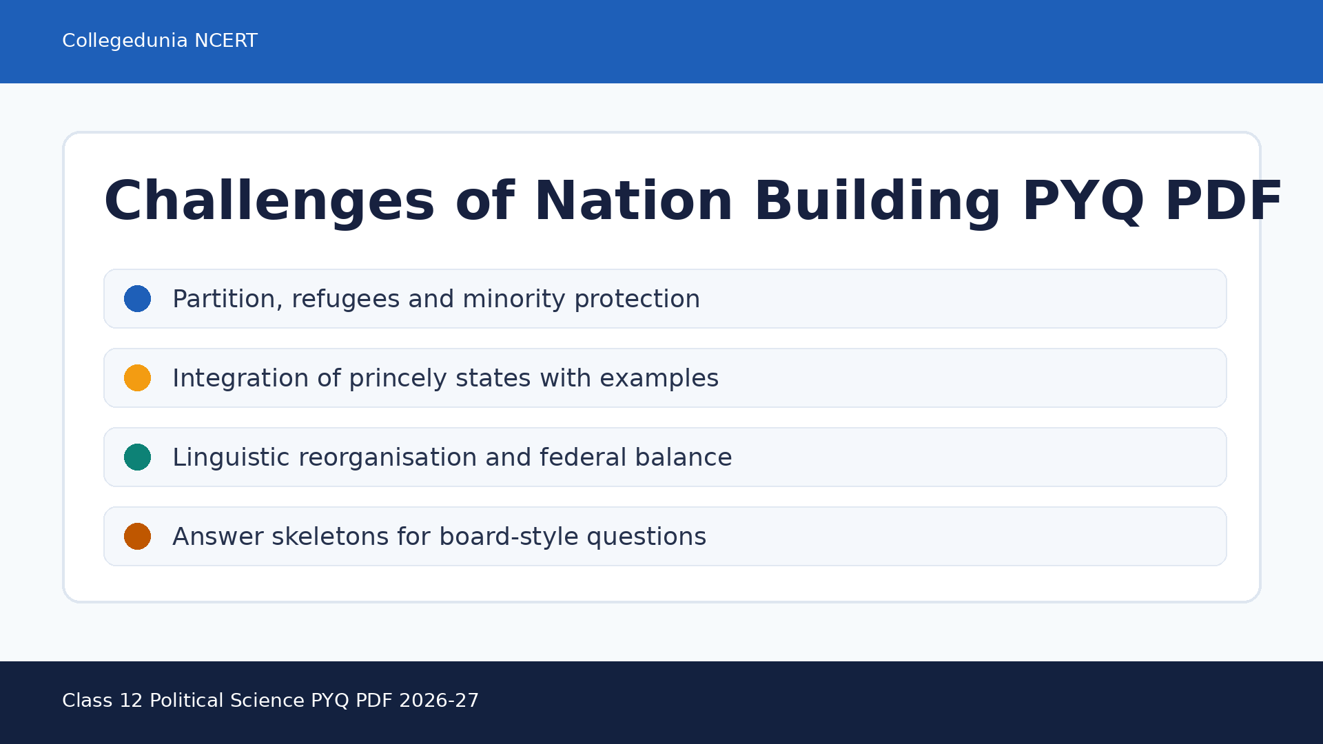 Class 12 Political Science Challenges of Nation Building PYQ PDF