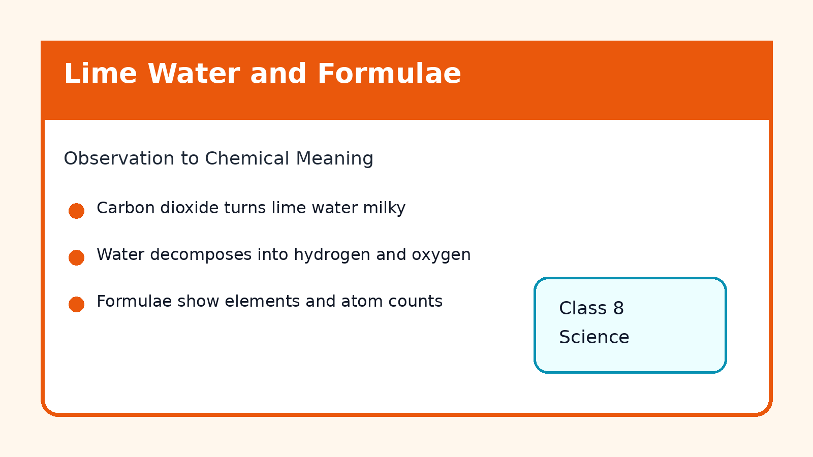 Lime water and formulae revision card for Class 8 Science Chapter 8