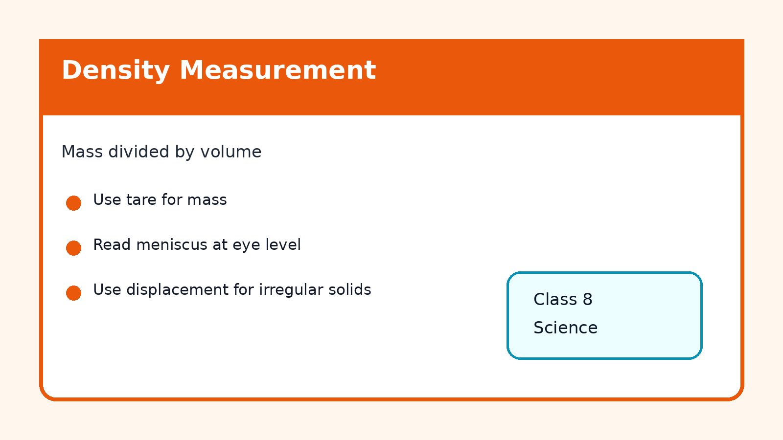 Density measurement mass volume and displacement card for Class 8 Science Chapter 9