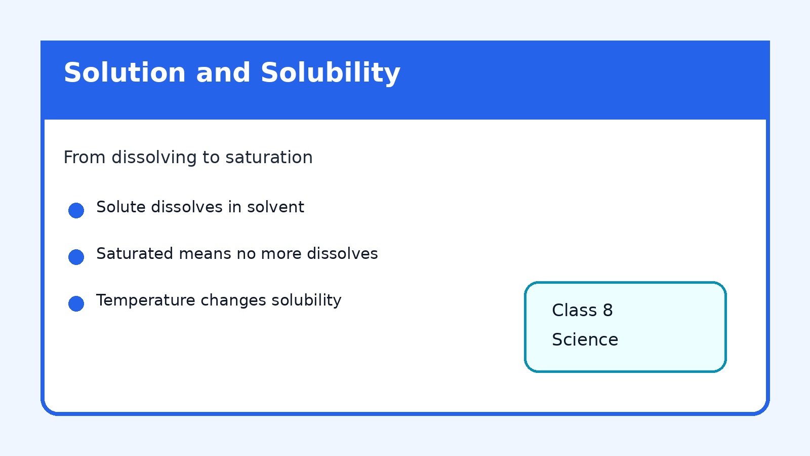 Solution solubility and saturation flow for Class 8 Science Chapter 9