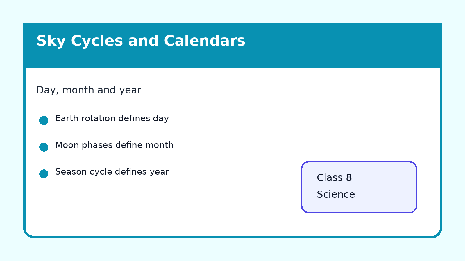 Day month and year sky cycles for Class 8 Science Chapter 11