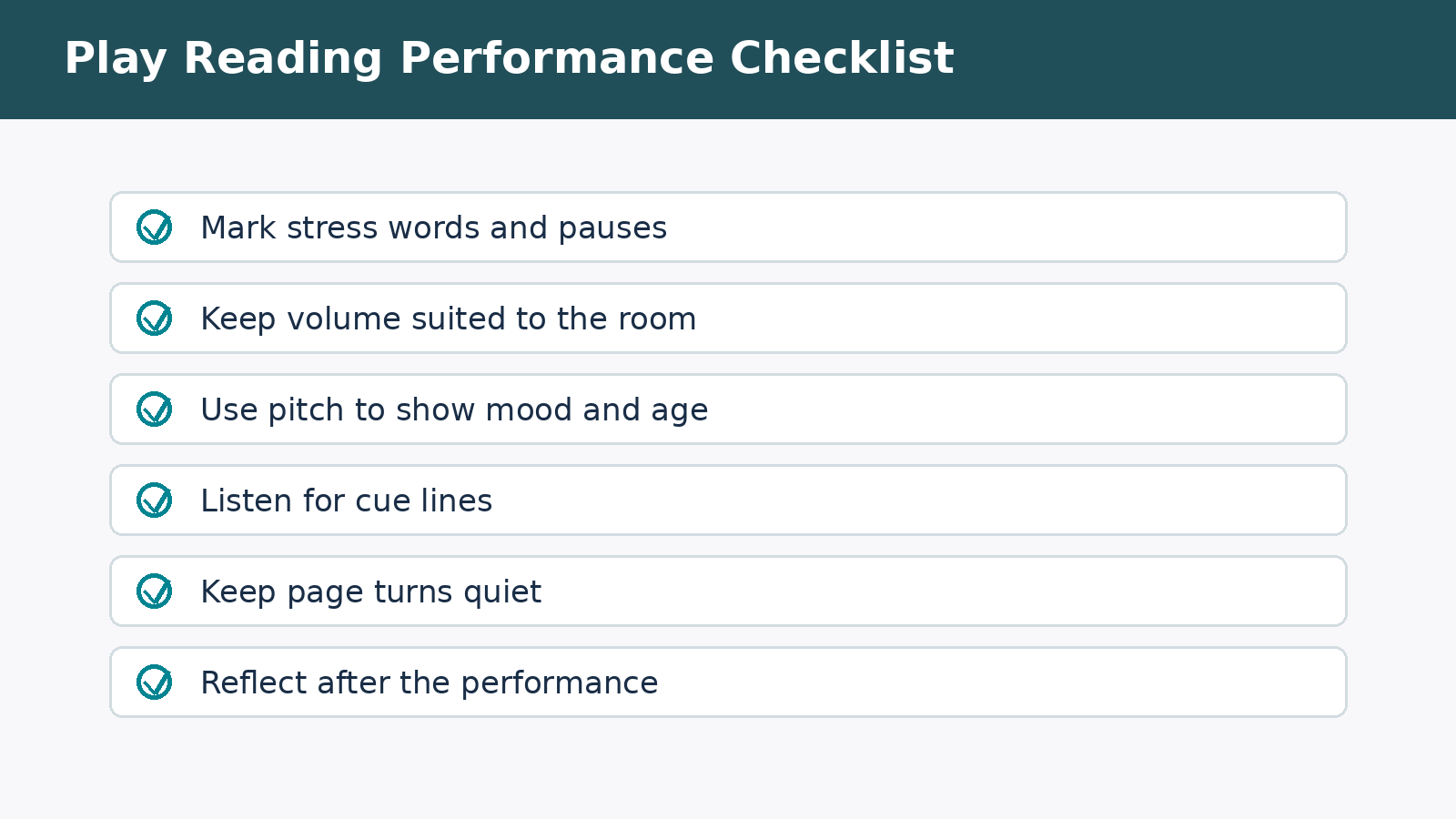 Play reading performance checklist for Class 8 Arts