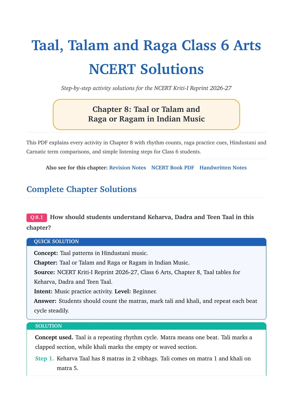 Class 6 Arts Chapter 8 Taal and Raga NCERT Solutions