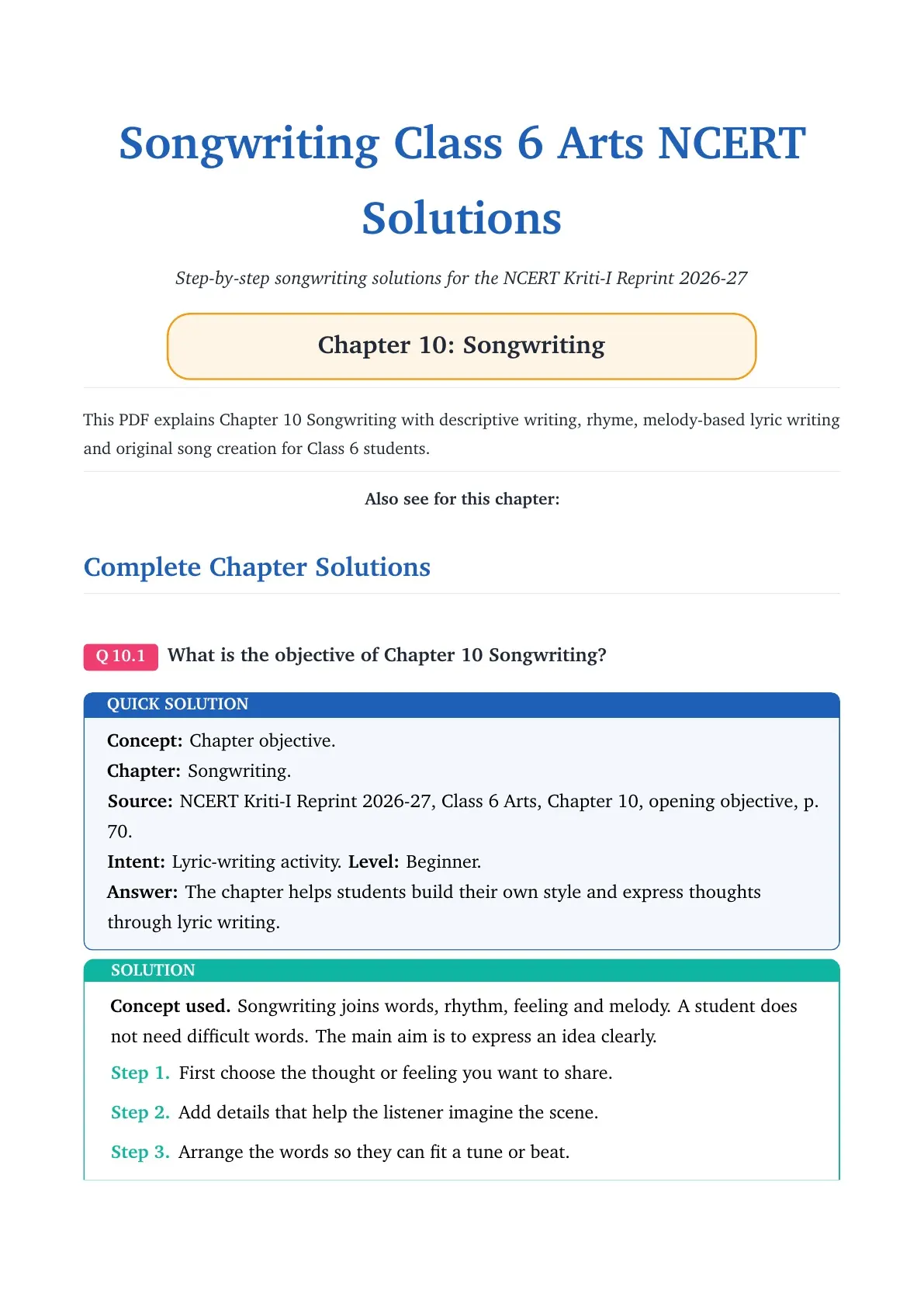 Class 6 Arts Chapter 10 Songwriting NCERT Solutions