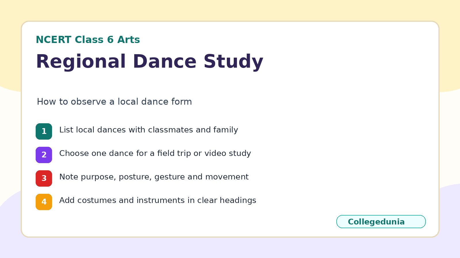 Regional dance field study flow for Class 6 Arts Dances of Our Land