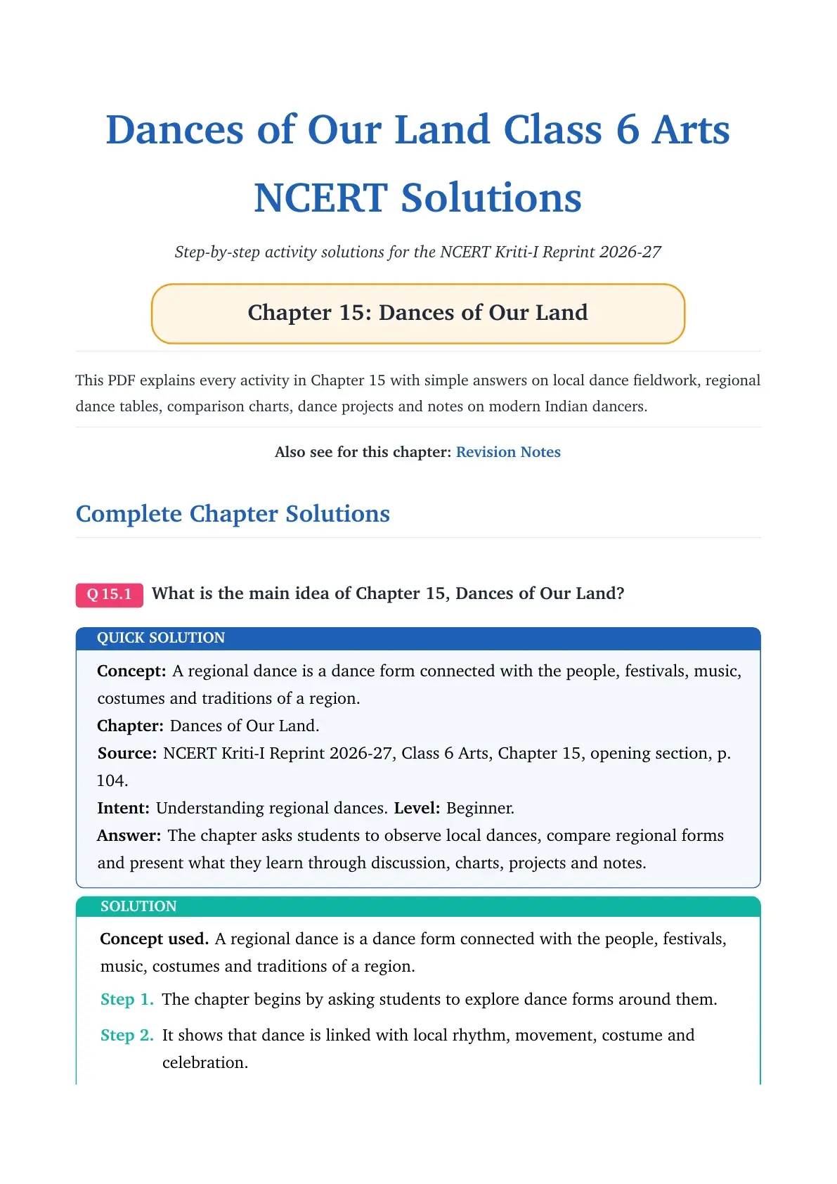 NCERT Solutions Class 6 Arts Chapter 15 Dances of Our Land PDF