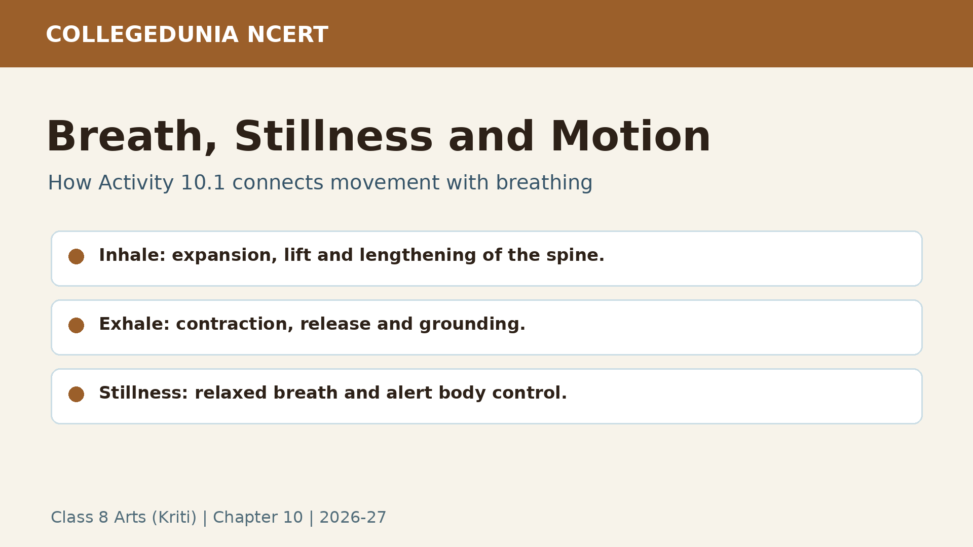 Breath stillness and motion flow for Class 8 Arts Kriti Chapter 10