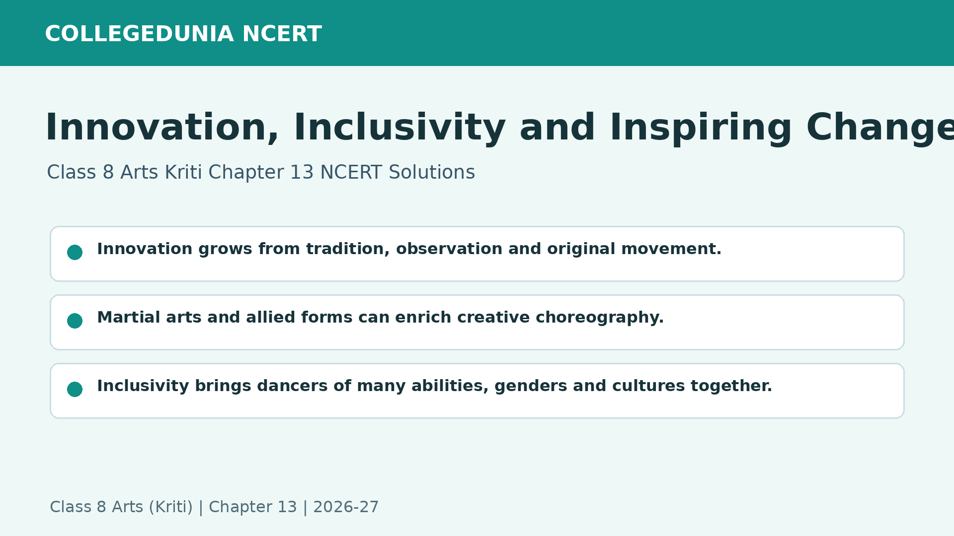 NCERT Solutions Class 8 Arts Kriti Chapter 13 Innovation Inclusivity and Inspiring Change
