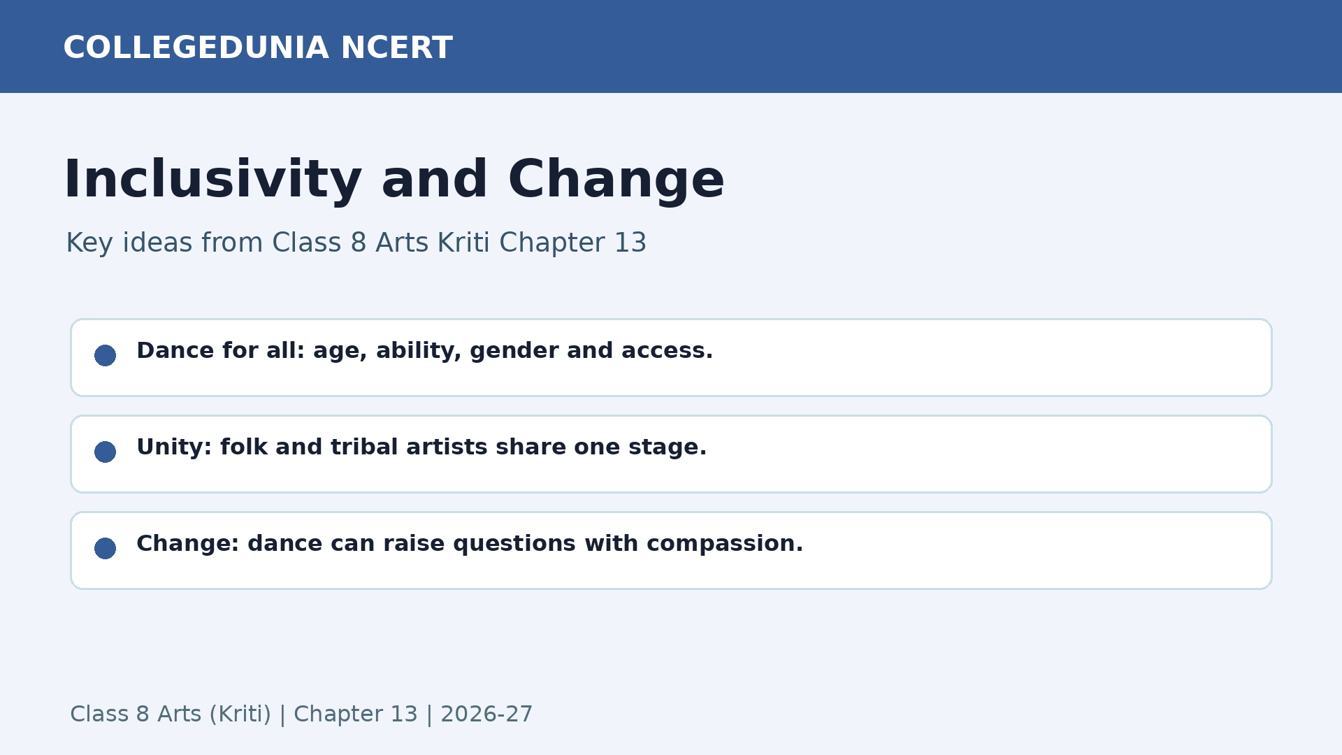 Inclusivity and dance for change map for Class 8 Arts Kriti Chapter 13