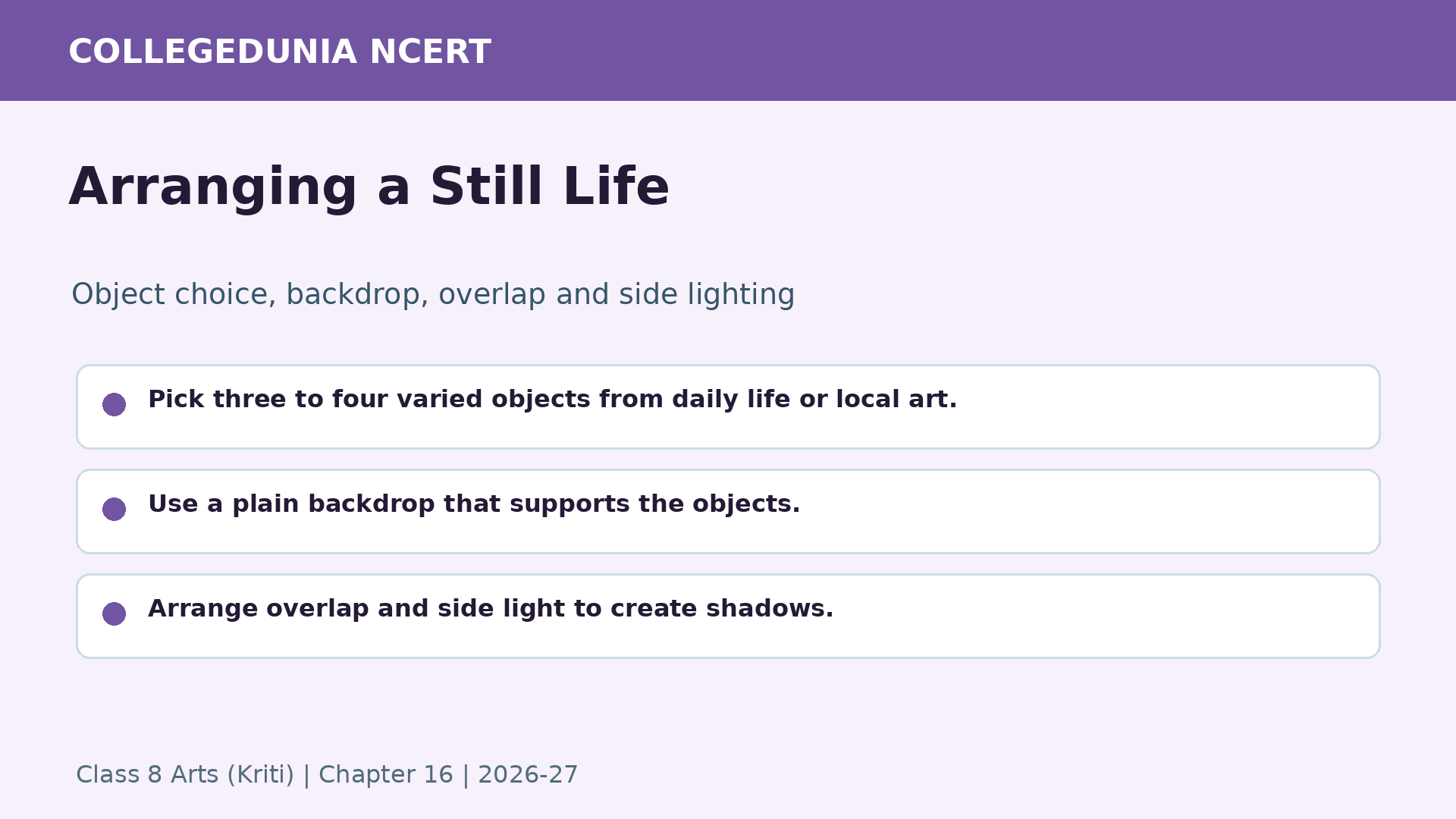 Arranging a still life for Class 8 Arts Kriti Chapter 16