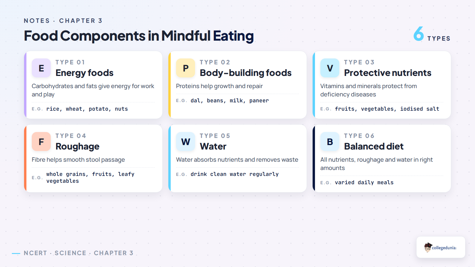 Food components in Class 6 Science Mindful Eating notes