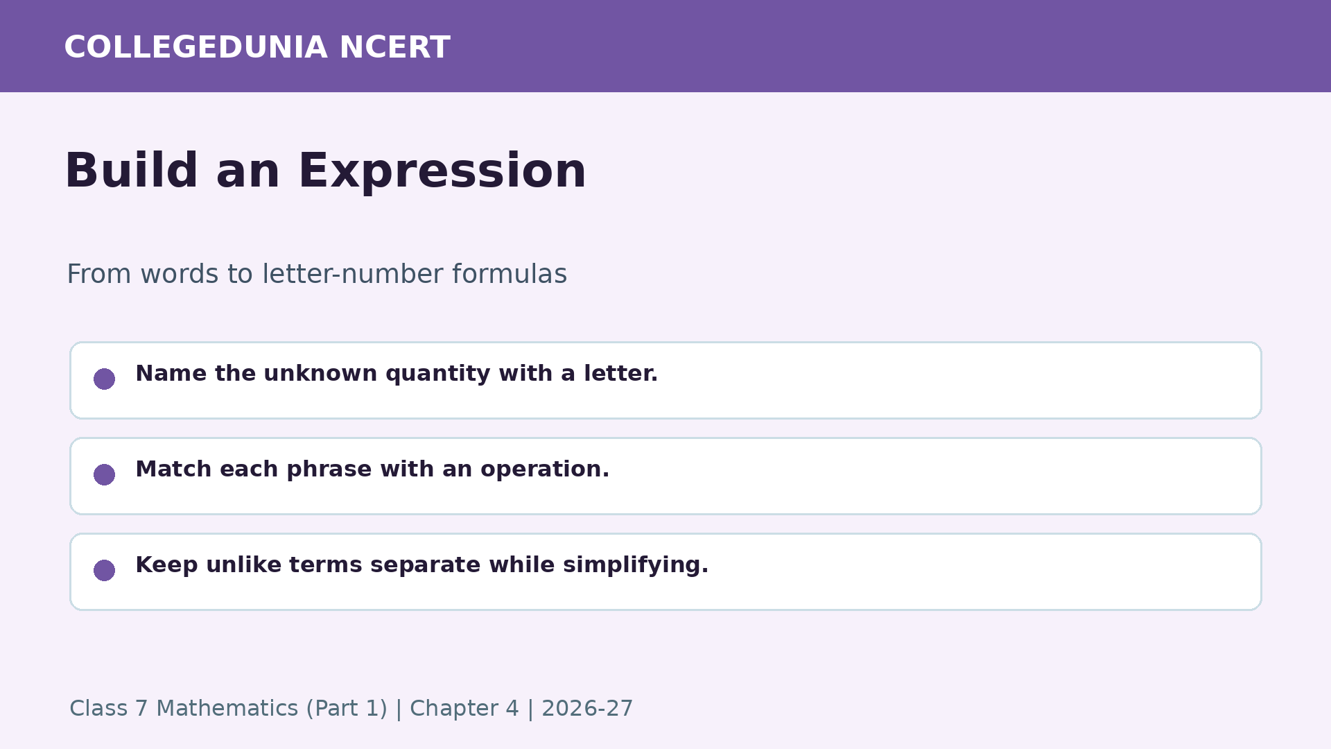 Expression building steps for Class 7 Maths Chapter 4