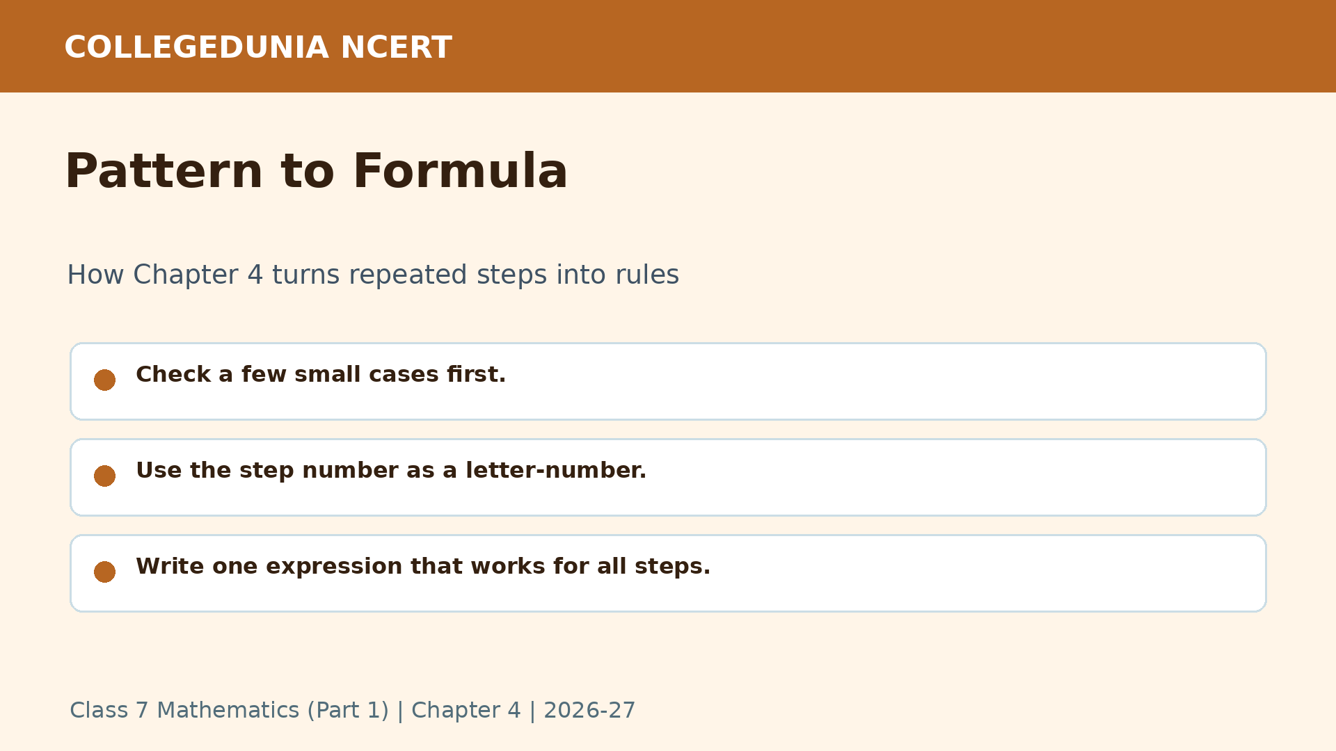 Pattern formulas in Class 7 Expressions using Letter-Numbers