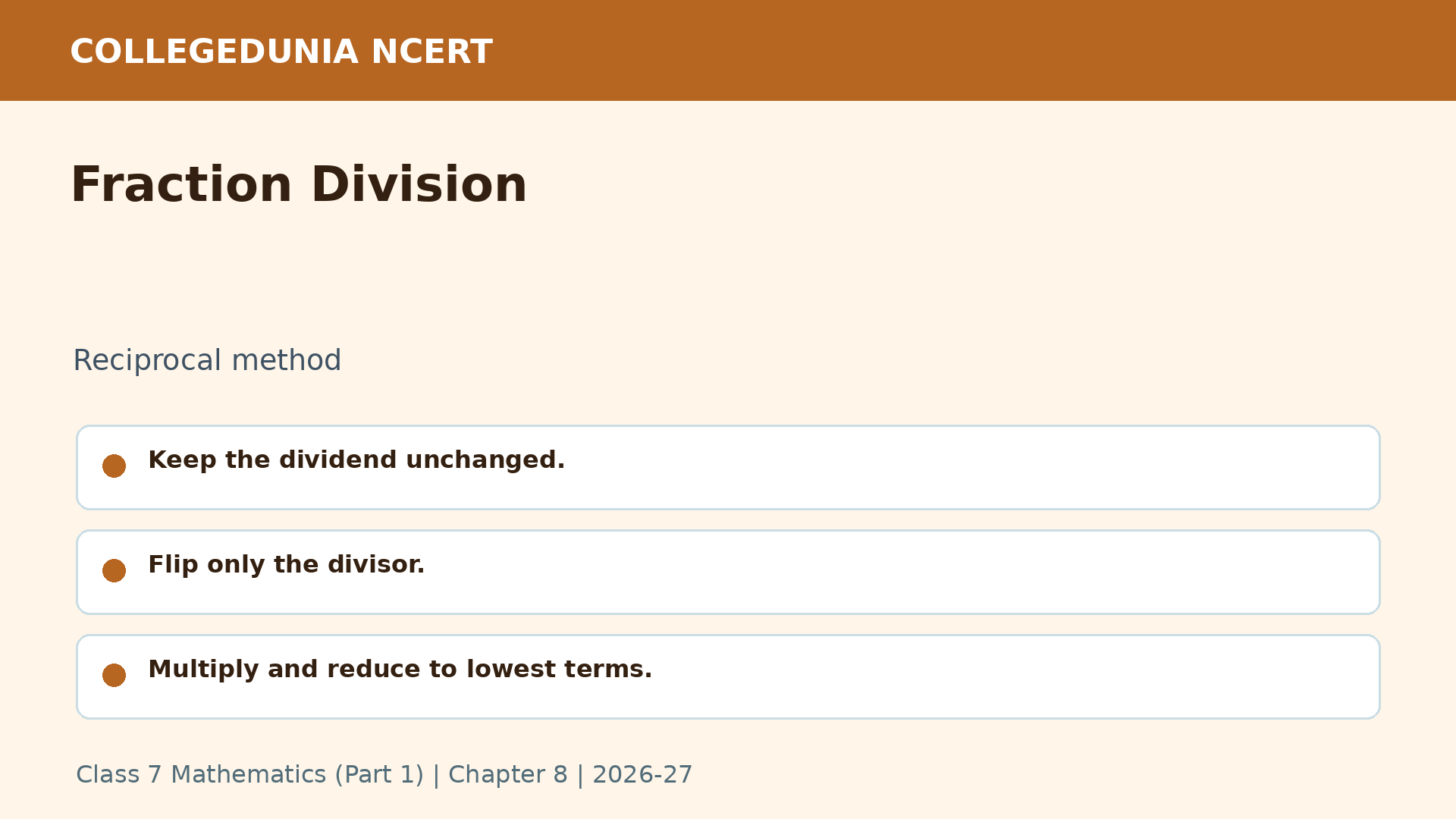 Fraction division reciprocal rule for Class 7 Maths Chapter 8
