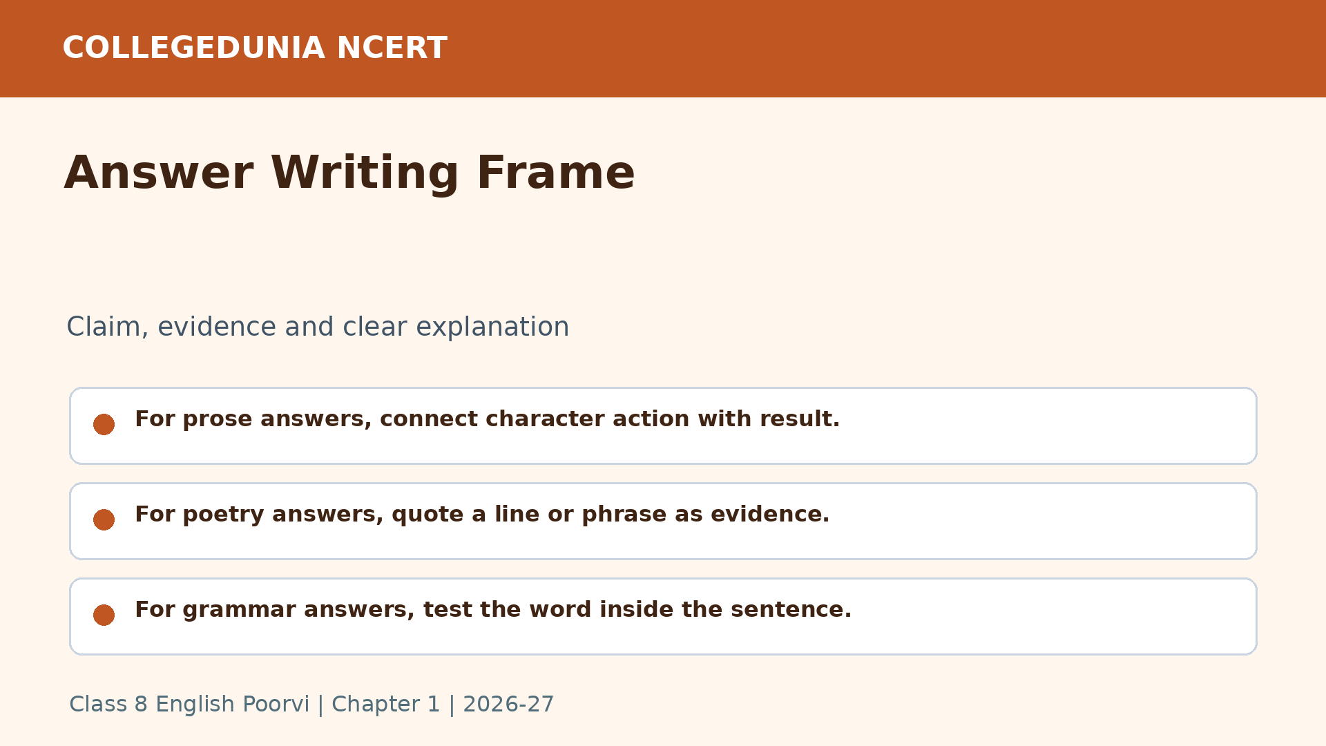 Answer writing frame for Class 8 English Poorvi Wit and Wisdom