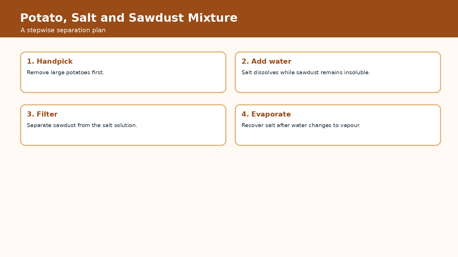 Potato salt and sawdust separation steps for Class 6 Science Chapter 9