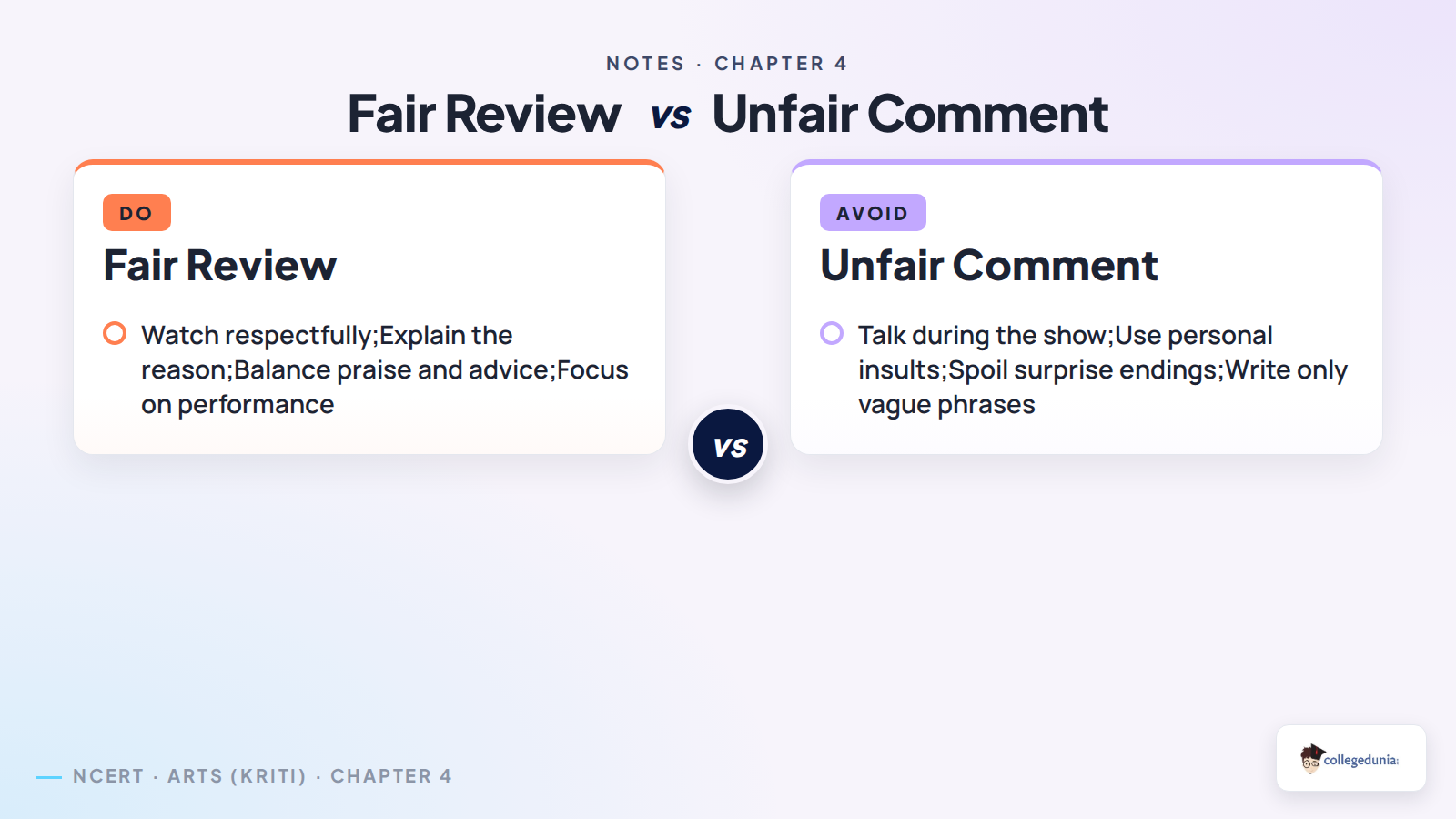 Fair feedback types in Applause and Advice Class 8 Arts notes