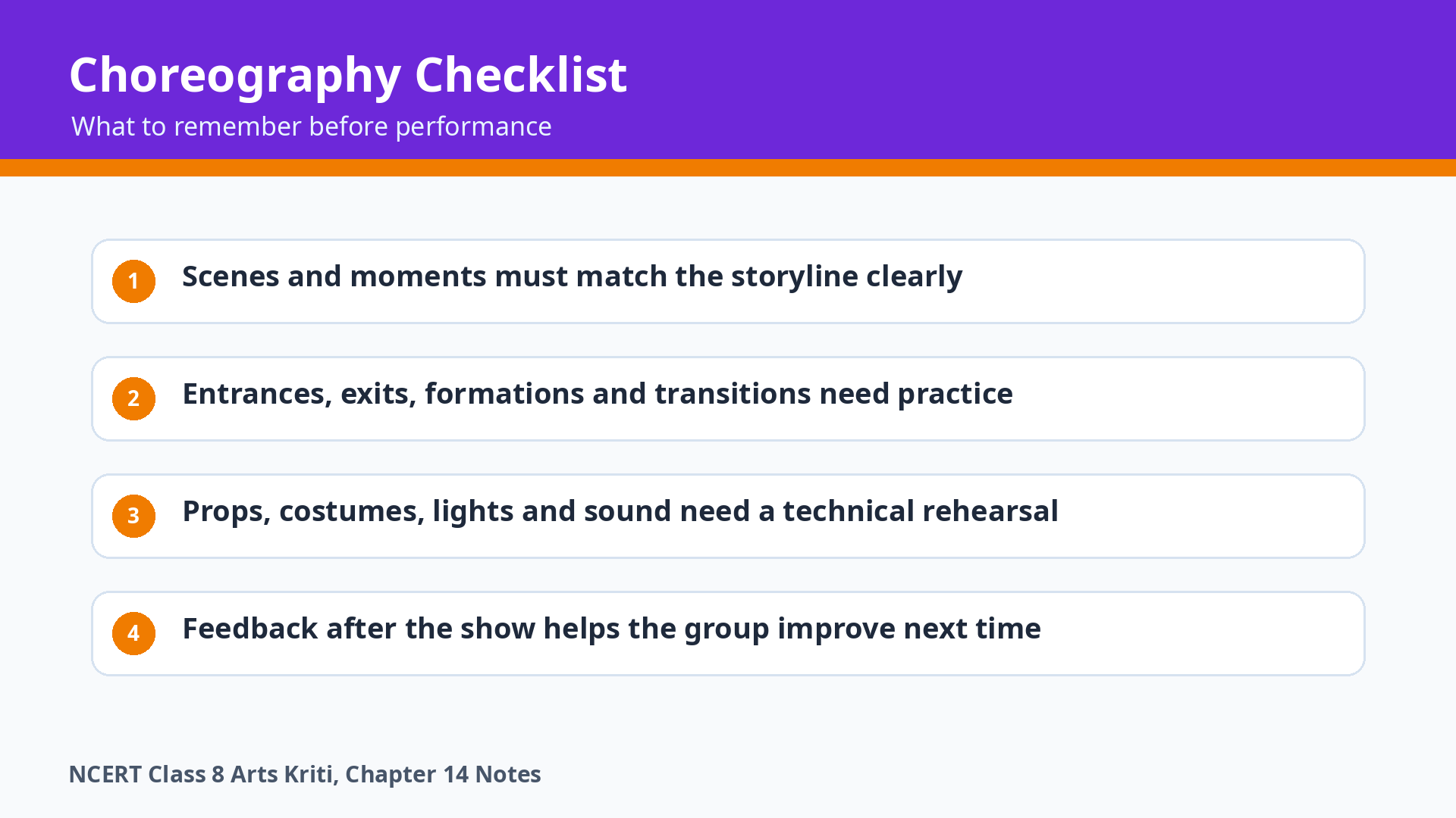 Choreography rehearsal checklist for Class 8 Arts Kriti Chapter 14