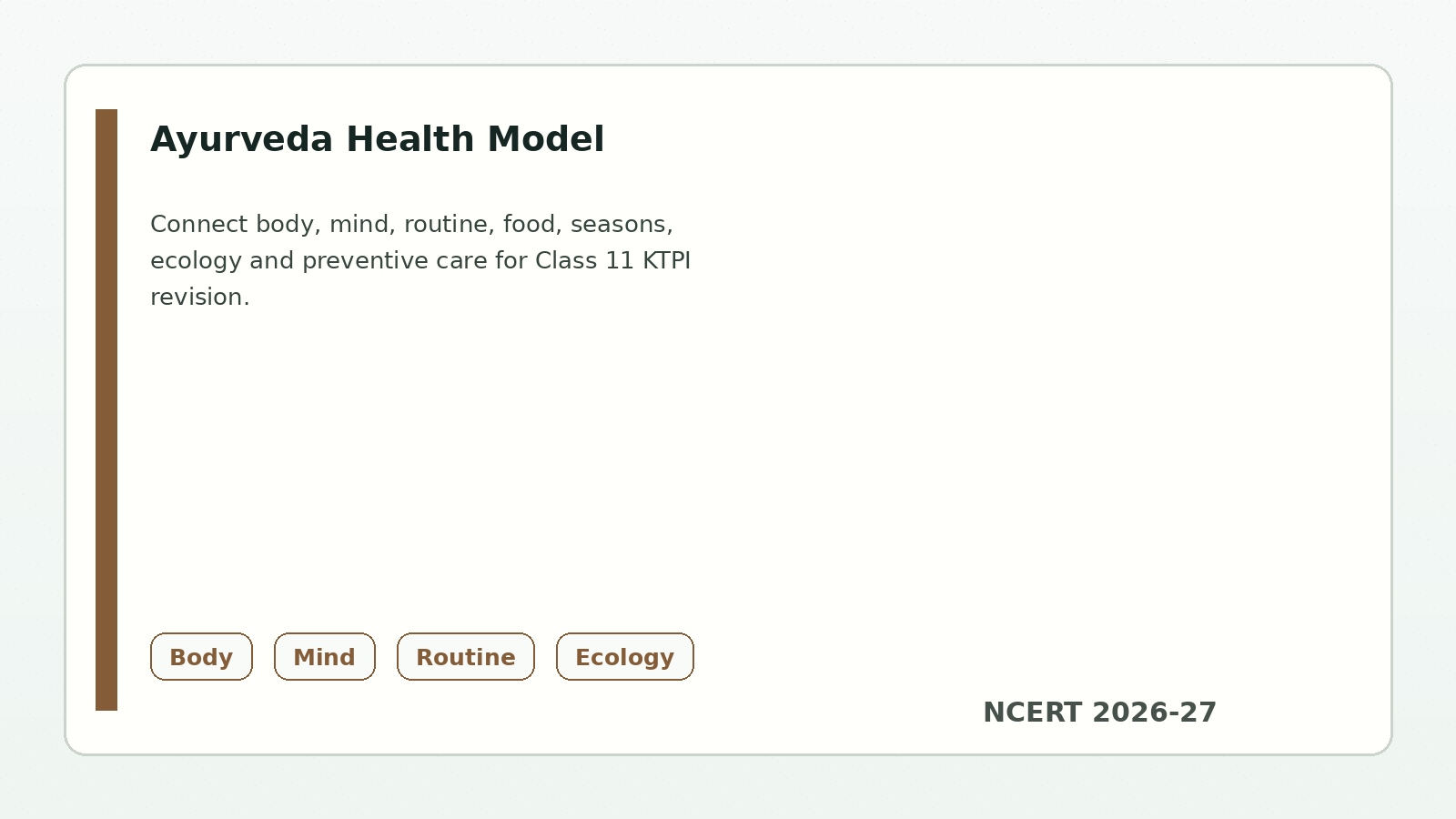 Class 11 KTPI Ayurveda health model with body mind routine food seasons and ecology