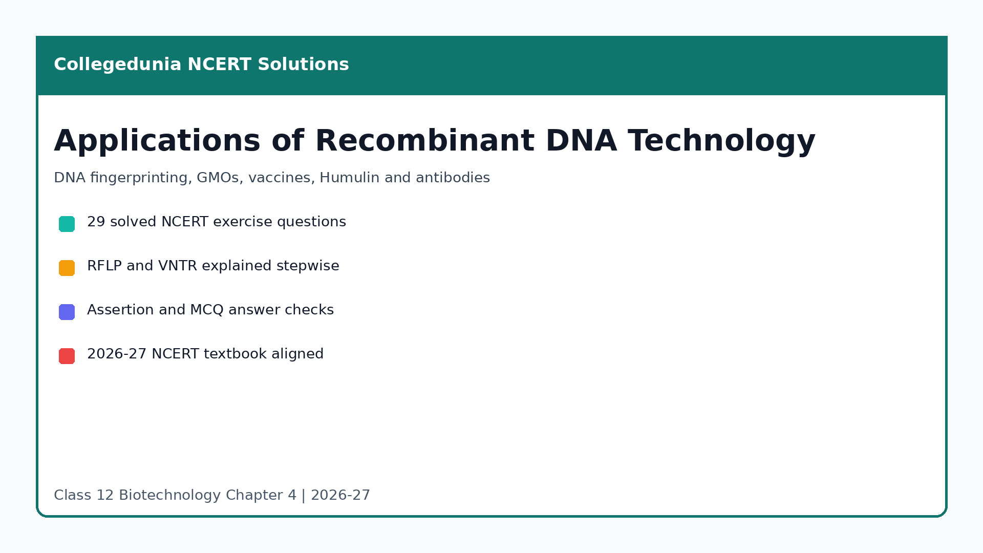 Class 12 Biotechnology Chapter 4 Applications of Recombinant DNA Technology NCERT Solutions overview