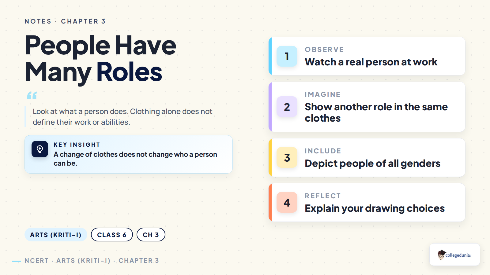 Observe real people and show different roles without clothing or gender assumptions