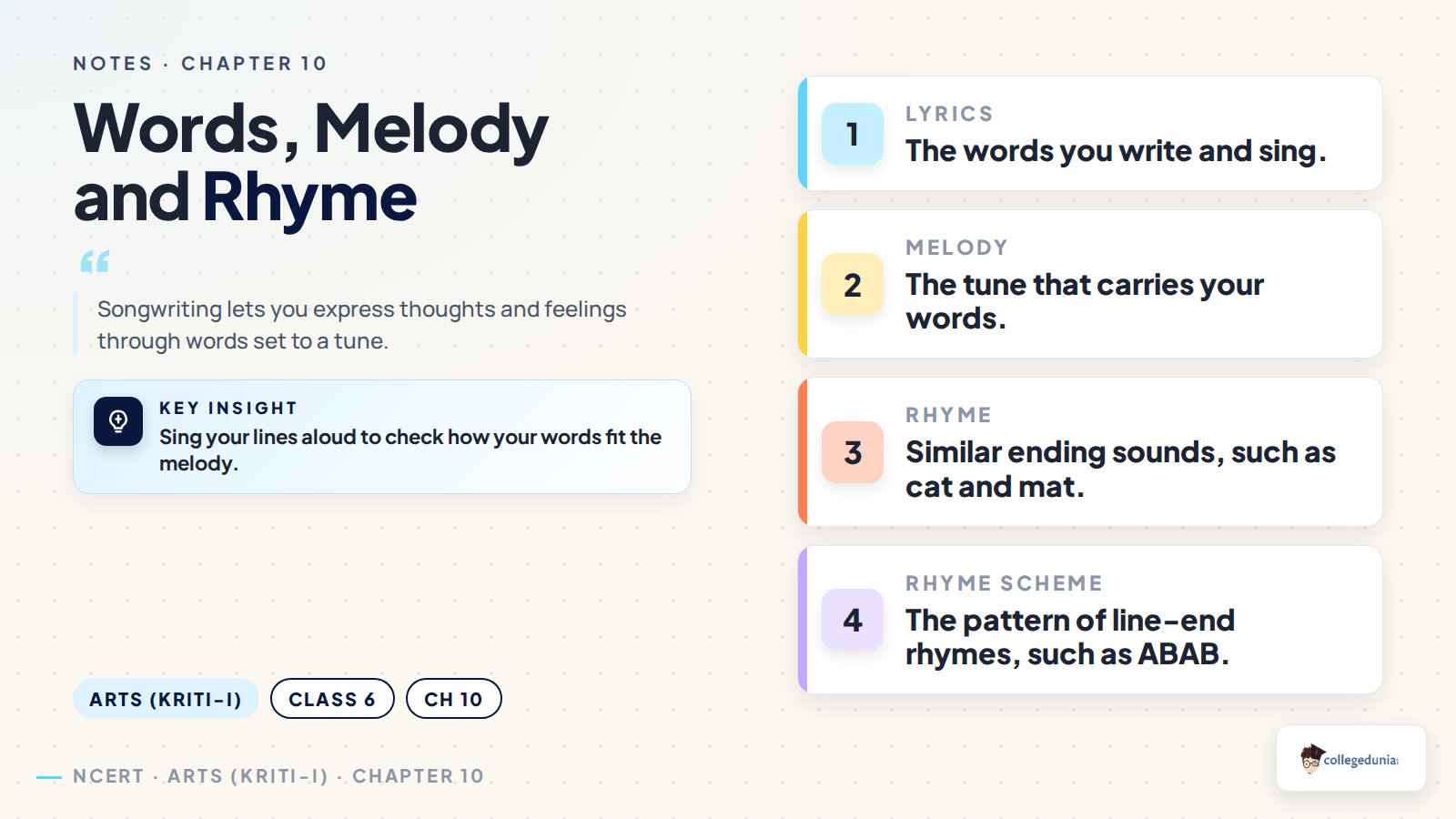 Lyrics, melody, rhyme and rhyme scheme explained for Class 6 songwriting
