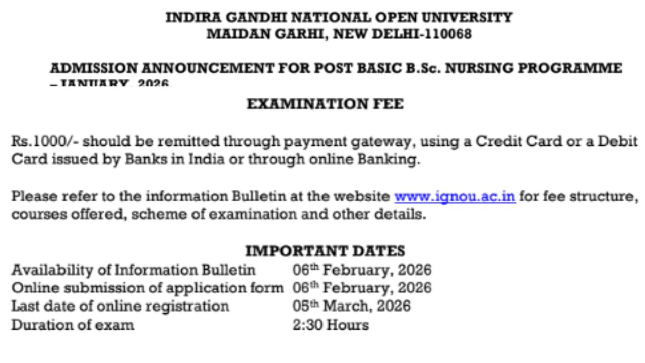  IGNOU Post Basic BSc Nursing Entrance Exam 2026 @ignou.ac.in