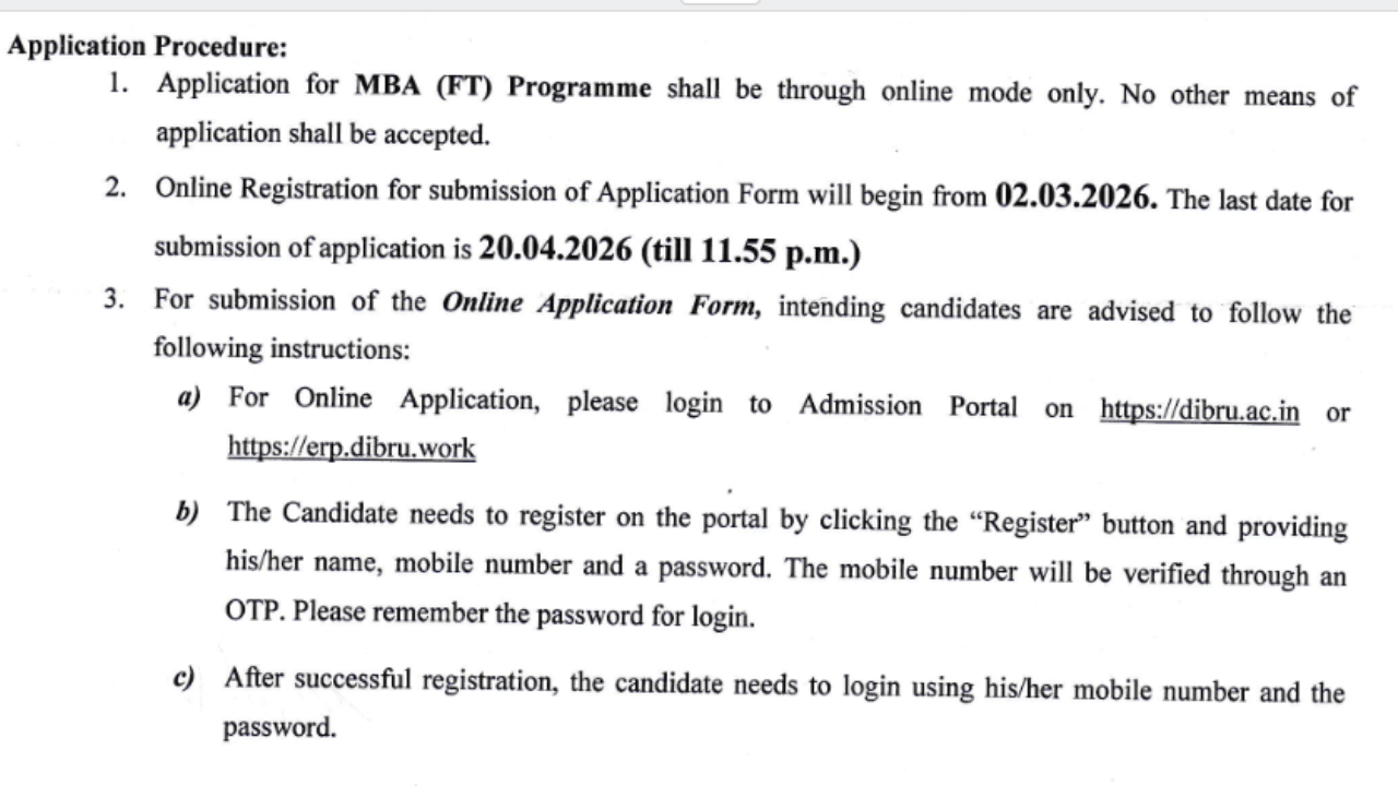Dibrugarh University MBA Admission 2026 @dibru.ac.in
