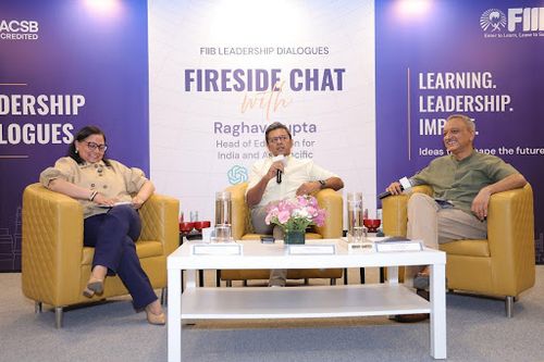 Raghav Gupta, Head of Educationfor India and APAC at OpenAI, in conversation with Radhika Shrivastava, President & CEO - FIIB (Left) and Saurabh Mittal - Chair of FIIB's AI Council (right), at the FIIBX launch.