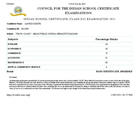 ISC Class 12 Result 2026 Marksheet