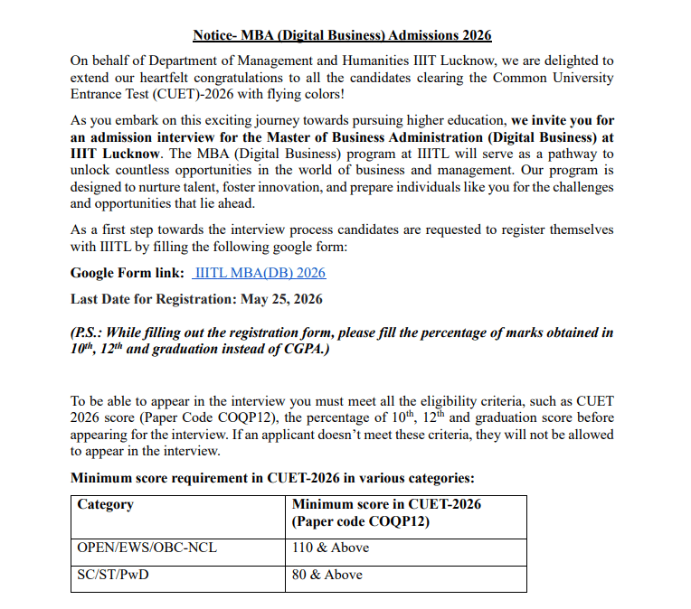 IIIT Lucknow Begins MBA Digital Business Admission 2026