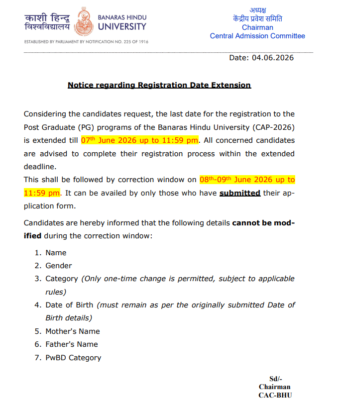 BHU PG 2026 Application Deadline Extended Check New Last Date