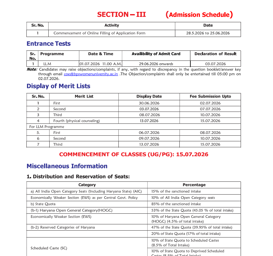 BPSMV Admission 2026 Schedule Out