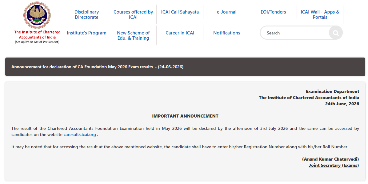ICAI CA Foundation May 2026 Result on July 3